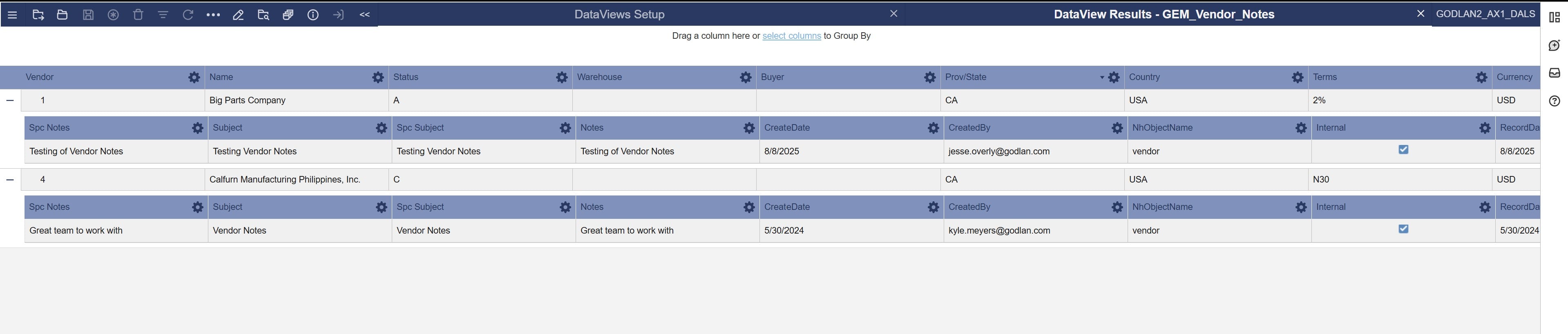 DataView: Vendor Notes
