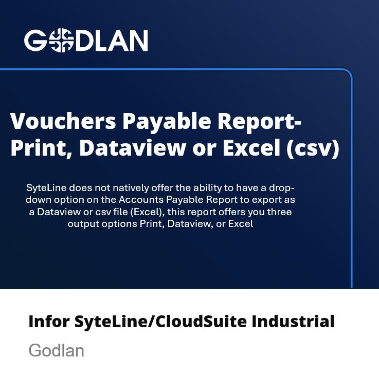 Vouchers Payable Report with output options to Print, Dataview, or Excel (CSV)
