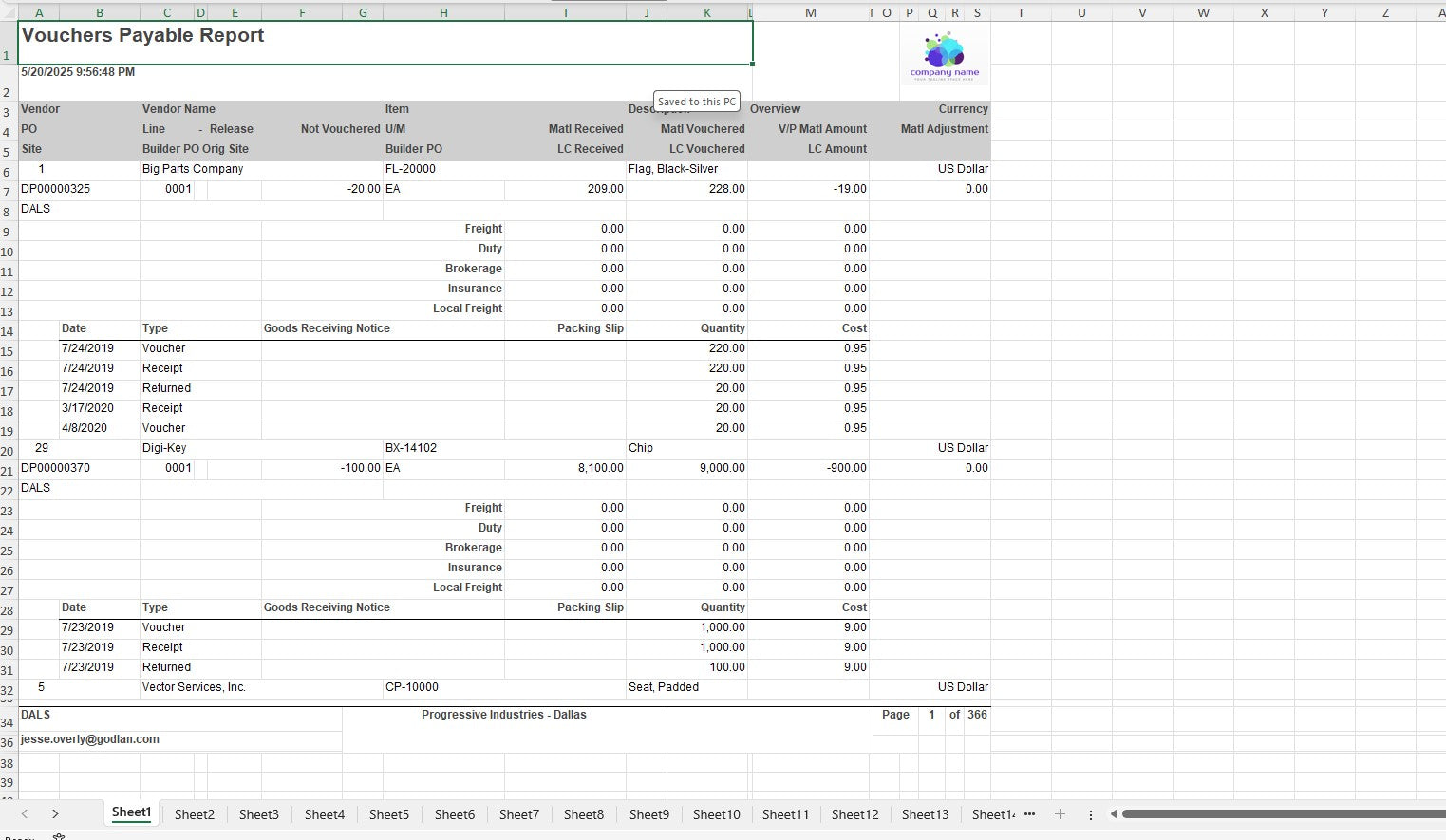 Vouchers Payable Report with output options to Print, Dataview, or Excel (CSV)