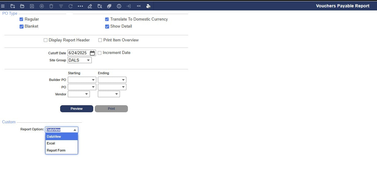 Vouchers Payable Report with output options to Print, Dataview, or Excel